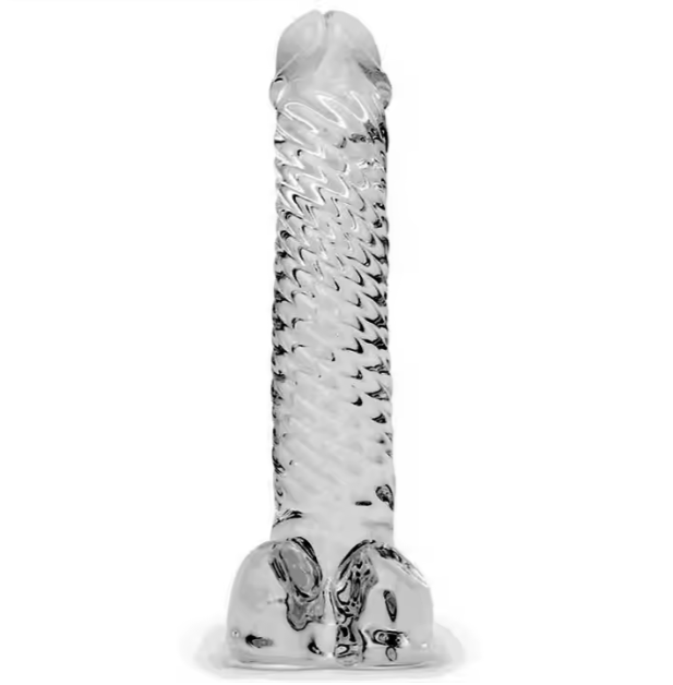 Clear realistic dildo designed for 8 to 9 inch condoms with lifelike detail and texture