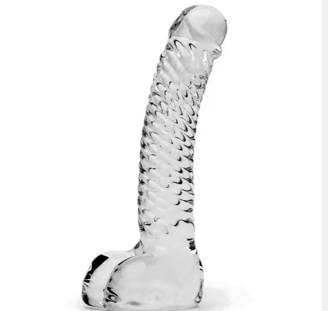Clear textured glass dildo designed for pleasure, suitable for 8 to 9 inch condoms.