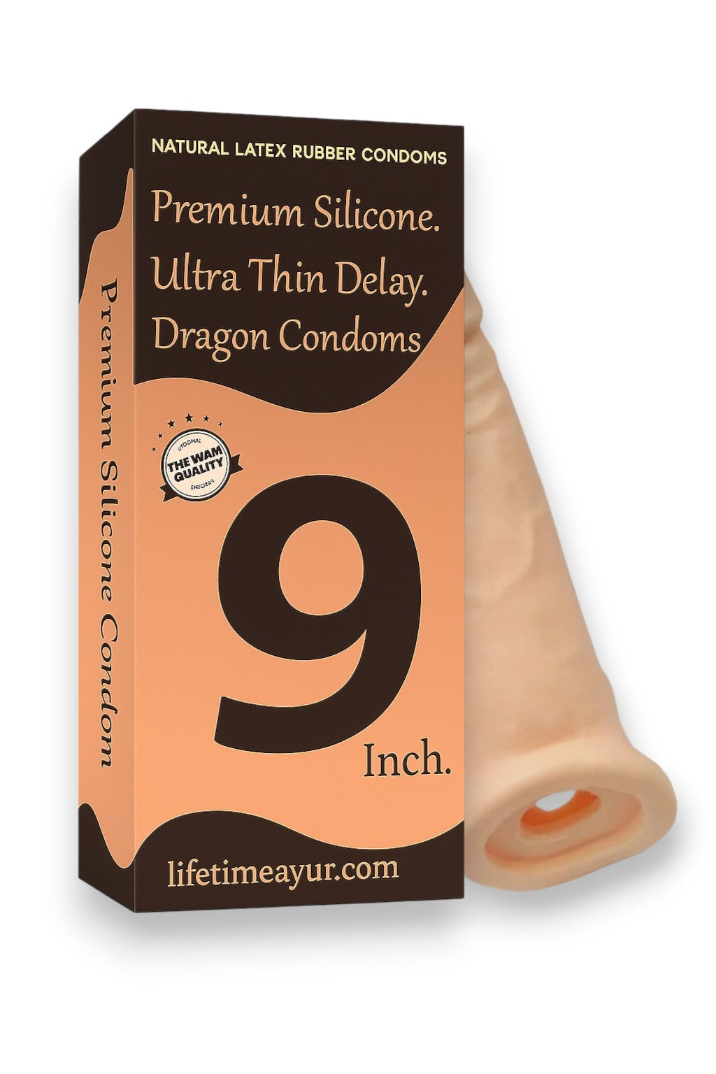 Box of Dragon Condoms with a 9-inch measurement on a white background